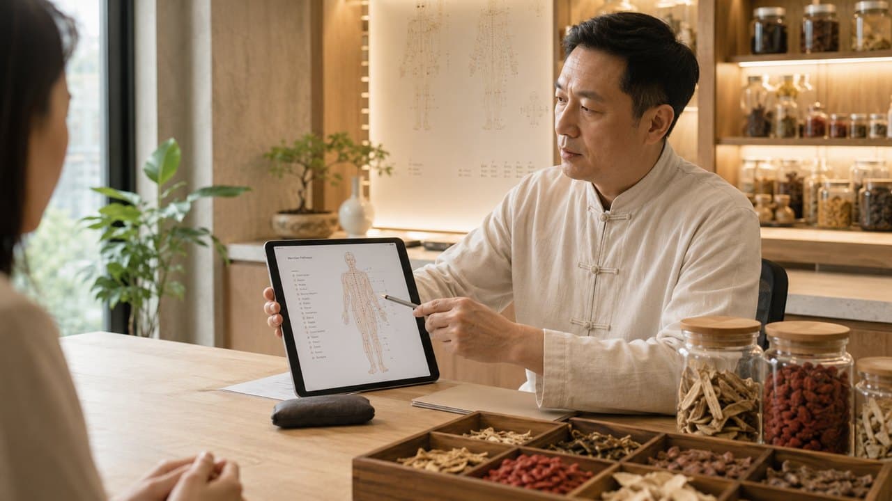 A consultation with a Traditional Chinese Medicine physician reviewing the meridians