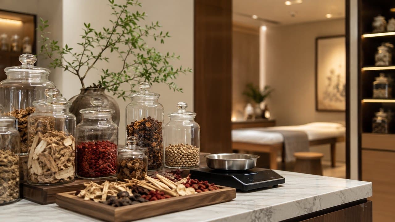 Chinese herbal medicine: certified botanical materials, scales and herb trays