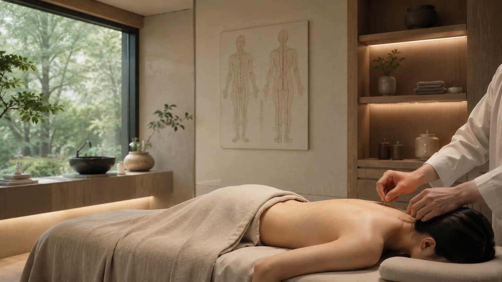 An acupuncture session in a Traditional Chinese Medicine treatment room